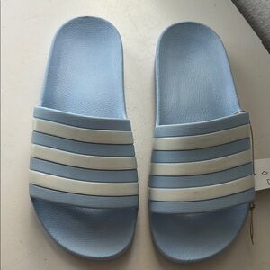 Adidas Blue and White Slide Sandals with Stripes